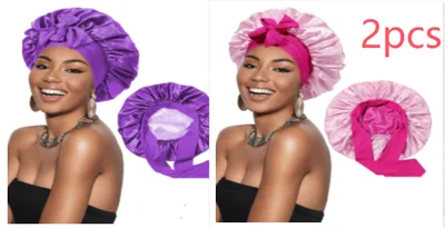 Double layer Satin Ribbon Round Cap Bow Artificial Silk Beauty Hair Care Wide brimmed Hat Set2 - Shop at LoveMi