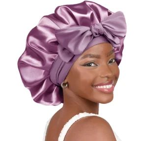 Double-layer Satin Ribbon Round Cap Bow Artificial Silk Beauty Hair Care Wide-brimmed Hat - Skin Purple