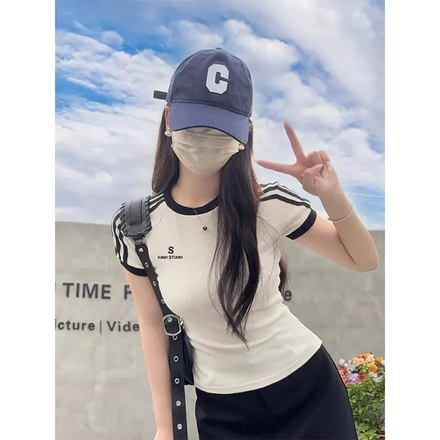 Female Bm Hot Girl Waist Embroidered Crew Neck Short Sleeve T shirt Top Apricot - Shop at LoveMi