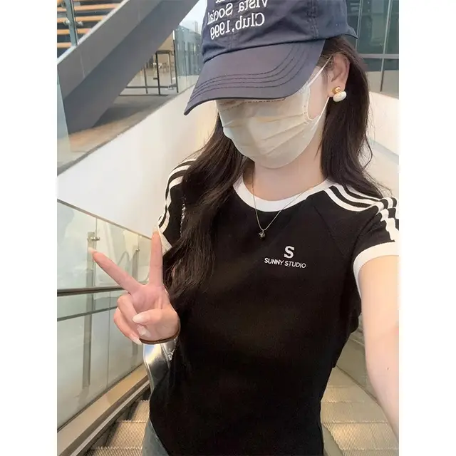 Female Bm Waist Embroidered Crew Neck Short Sleeve T shirt Top Black - Shop at LoveMi