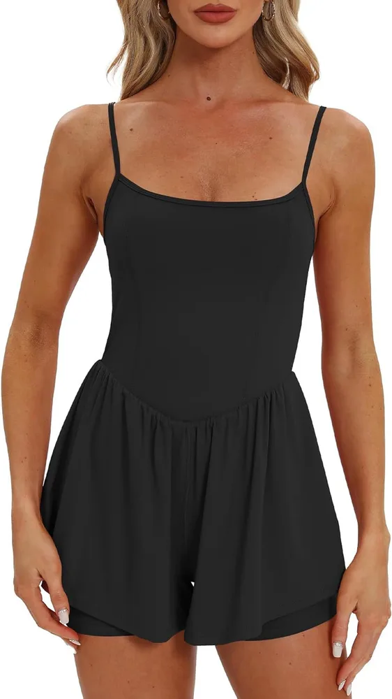Women's Sleeveless Spaghetti Strap Double Lining Shorts Jumpsuit Black - Shop at LoveMi