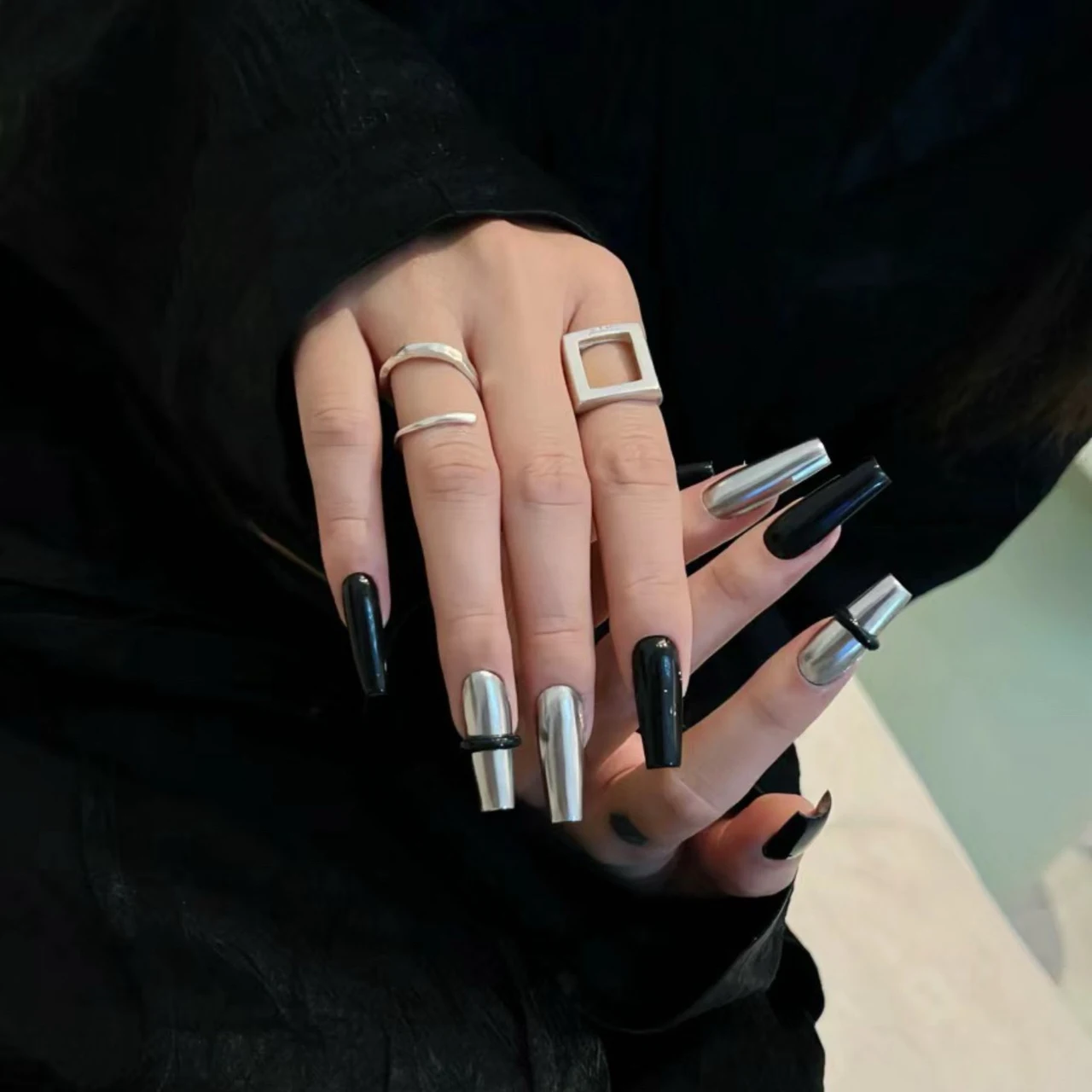 Silver Black Super Cool Nail Stickers - Long T