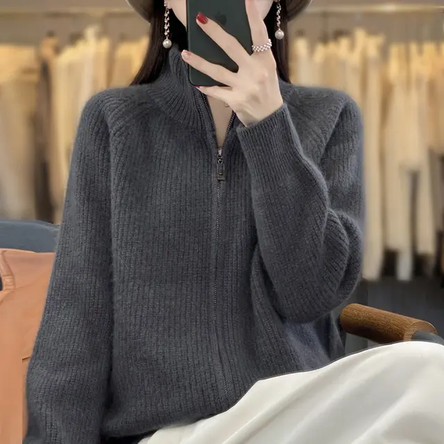 Solid Color Striped Turtleneck Zipper Sweater Sweater Elephant Gray - Shop at LoveMi