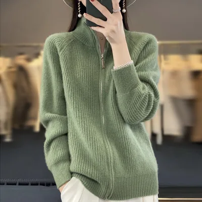 Solid Color Striped Turtleneck Zipper Sweater Sweater Pine Green - Shop at LoveMi