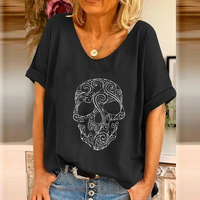 Casual Loose Skull Rhinestone T shirt Short Sleeve Top - Shop at LoveMi
