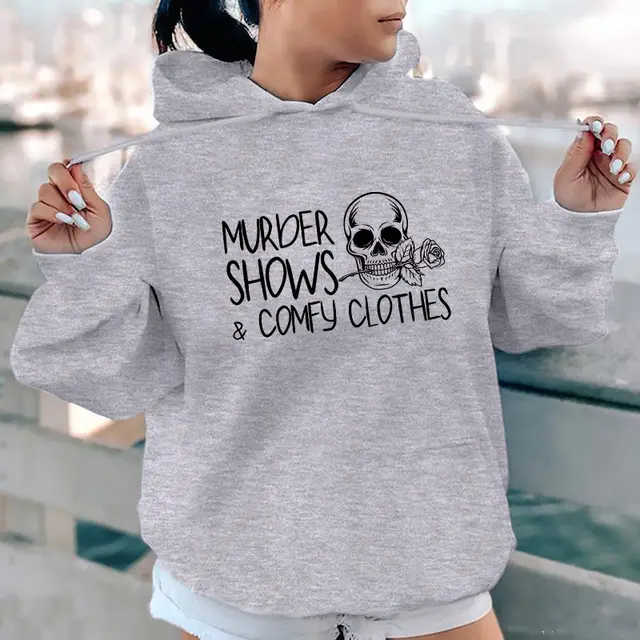 Fall Winter Casual Heel Wrapped Collar Fleece Letter printing Printed Hoodie Loose Gray - Shop at LoveMi