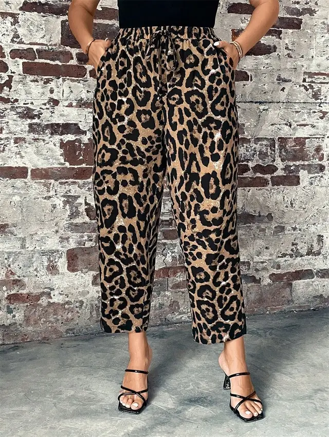 Plus Size Women's Lace up Leopard Print Woven Pants Leopard Print - Shop at LoveMi