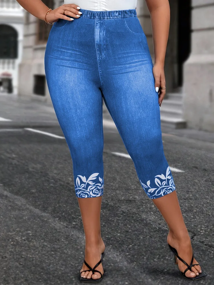 Plus Size Women's Tight Printed Pants Denim Blue Printing - Shop at LoveMi