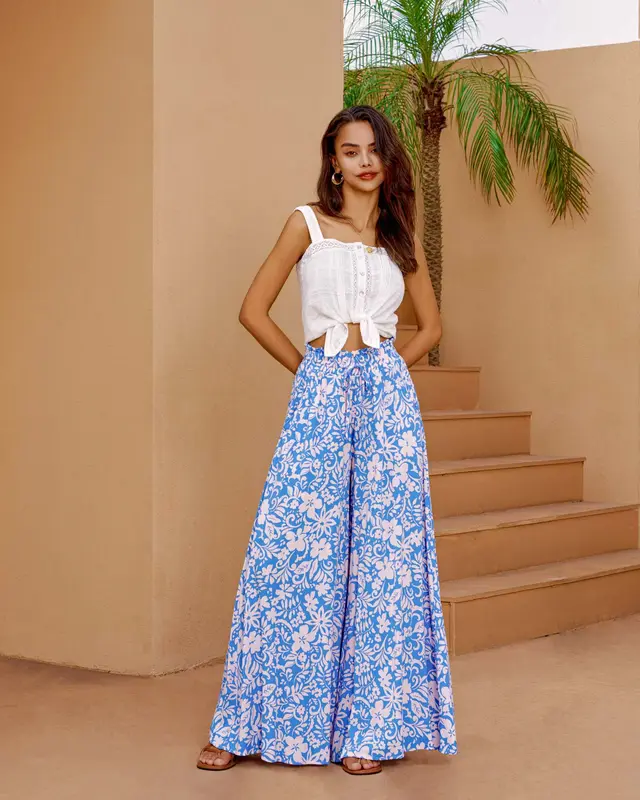 Loose Lace up Waist Wide leg Pants For Women Blue Base Big Print - Shop at LoveMi