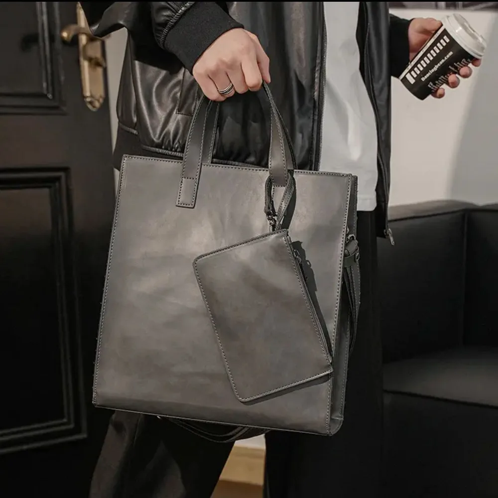 Men's Retro Crazy Horse PU Leather Tote Bag Gray - Shop at LoveMi
