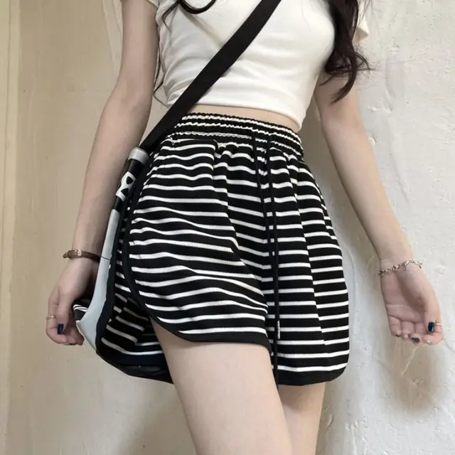 Women's Versatile Casual High Waist Striped Elastic Waist Shorts Black - Shop at LoveMi