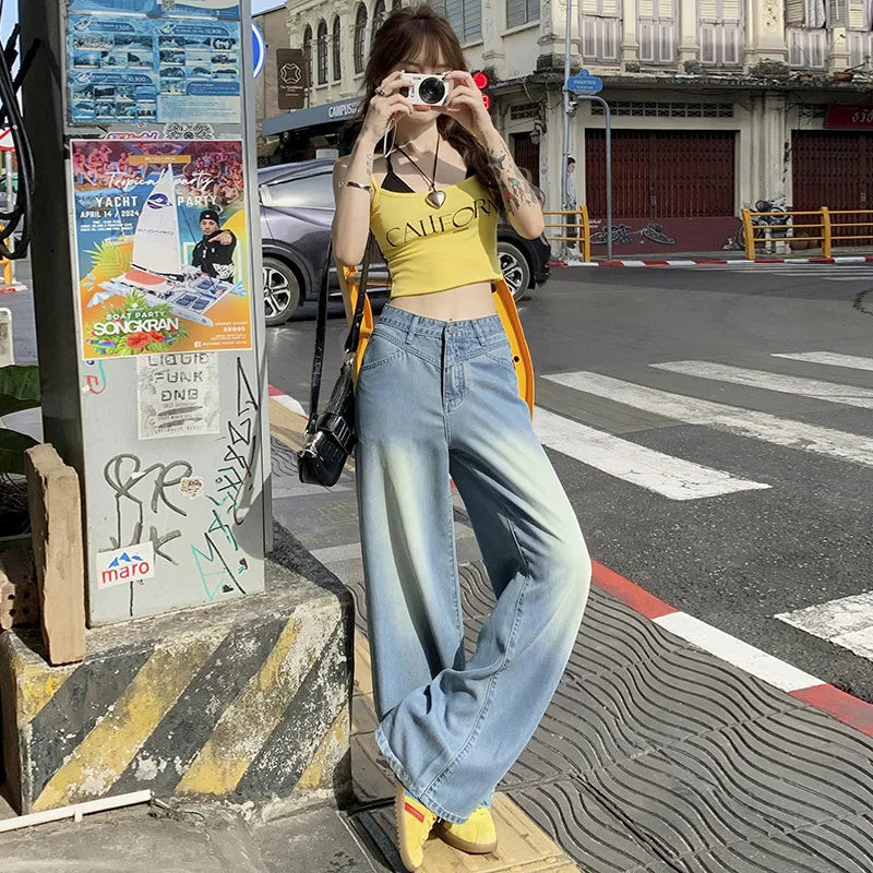 Tencel Thin Loose Straight High Waist Wide Leg Pants - Nostalgic Trousers-Xs