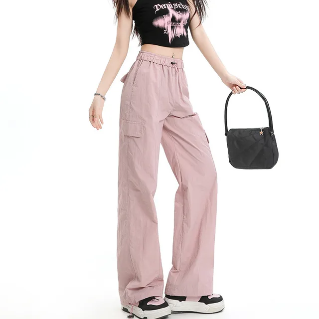 American Parachute Overalls Thin Quick drying High Waist Slimming Pink Trousers - Shop at LoveMi