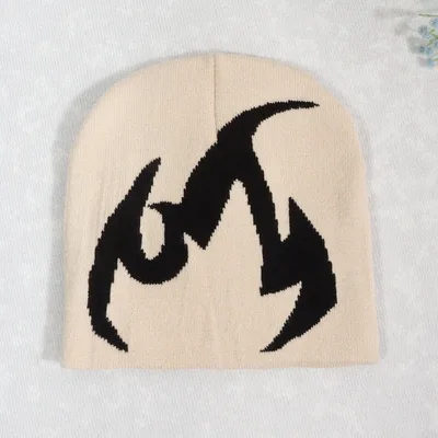 Knitted Hat Trendy Pullover Flame Pattern Jacquard Hats Beige - Shop at LoveMi