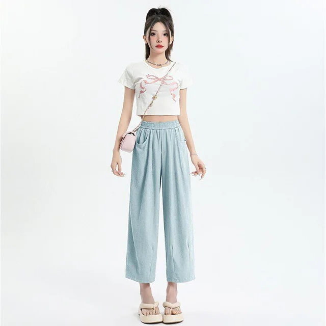 Elastic Waist High Waist Wide Leg Pants Cropped Drape Small Lazy And Loose Blue - Shop at LoveMi