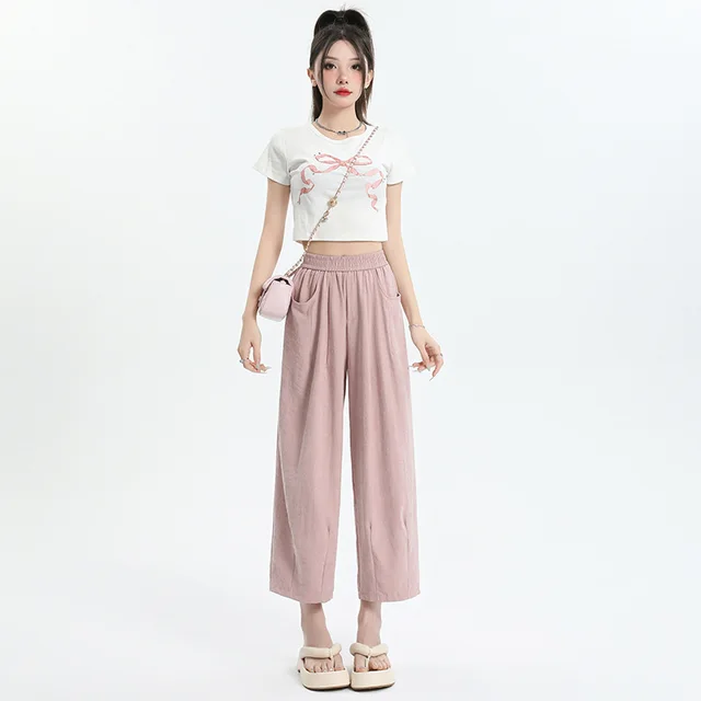 Elastic Waist High Waist Wide Leg Pants Cropped Drape Small Lazy And Loose Pink - Shop at LoveMi