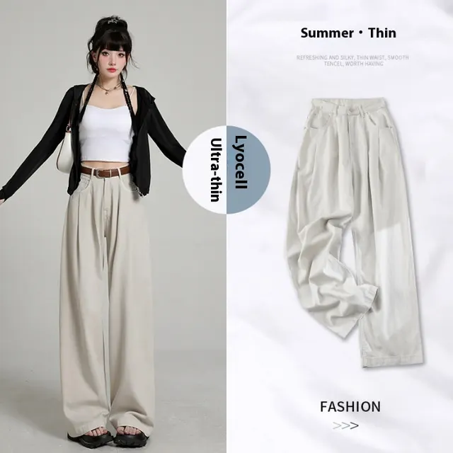 Summer Thin High Waist Belly Contracting Breathable Draping Lengthened Wide Leg Pants Streamer Apricot Trousers - Shop at LoveMi