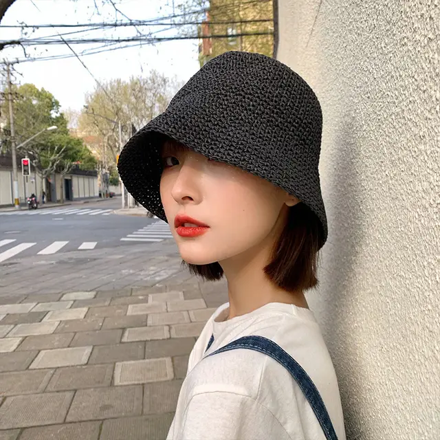 Women's Summer Thin Beach Sun proof Straw Hat Black - Shop at LoveMi