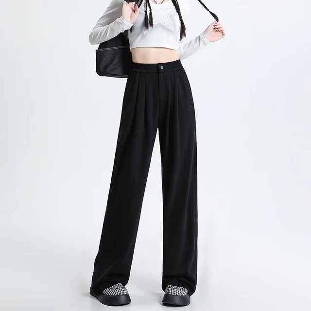 Silk Wide Leg Drooping Casual Narrow Version Straight leg Pants Black Trousers - Shop at LoveMi