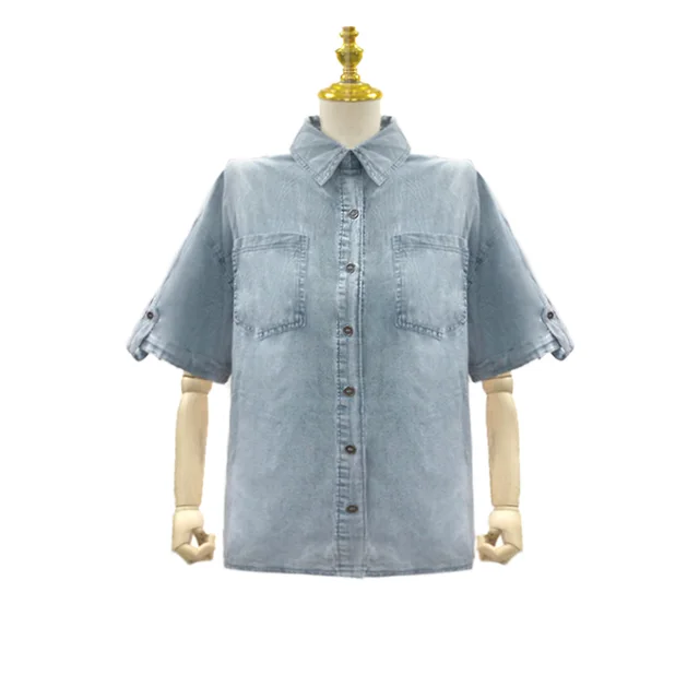 Women's Summer Loose Short Sleeves Shirt Do The Old Cowboy Shirt Denim Blue - Shop at LoveMi