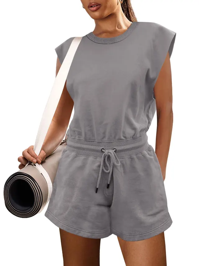 Solid Color Waist Drawstring Fashion Casual Jumpsuit Gray - Shop at LoveMi