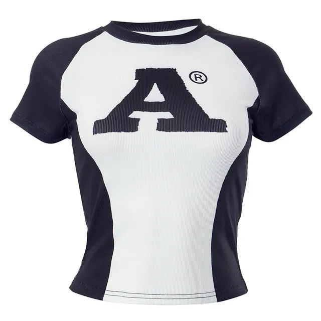 Sexy Letter Print Black And White Contrast Color Raglan Sleeve Top White Q23Tp224 - Shop at LoveMi