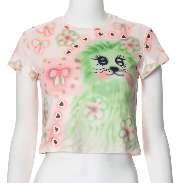 European And American Style Fresh Cute Printed Round Neck Pullover Midriff baring Top Green Q24Tp154 - Shop at LoveMi