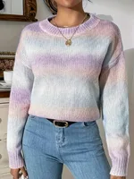 Stitching Contrast Color Knitted Sweater Fashion Pullover Round Neck Gradient Rainbow Striped Top - Light Purple