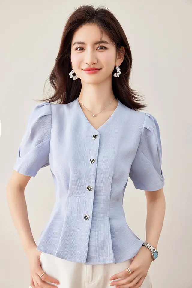 Lady Temperament V neck Puff Short Sleeve Solid Color Slim Fit Slimming Shirt Blue - Shop at LoveMi