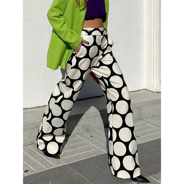 Street Hipster Printed Contrast Color Dotted Prints Wide Leg Pants Straight leg Pants High Waist Casual Pants White - Shop at LoveMi
