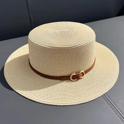 Flat Straw Hat Women's Summer Seaside UV Protection Beige - Shop at LoveMi