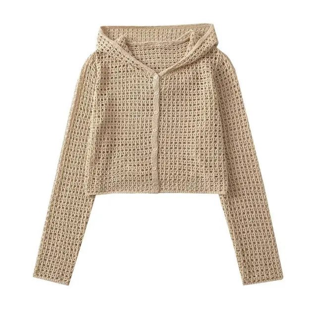 Summer Coat Knitted Hollow out Hooded Blouse Sun Protection For Women Khaki - Shop at LoveMi