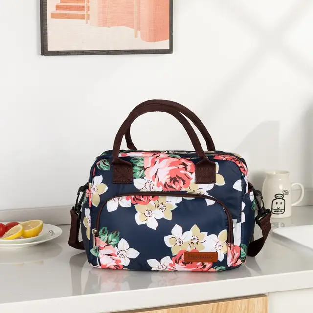 Oxford Cloth Insulation Portable Lunch Bag Outdoor Navy Blue Rose - Shop at LoveMi