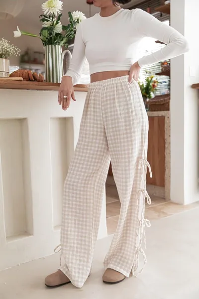Women's Loose Side Lace up Casual Trousers Khaki Plaid - Shop at LoveMi