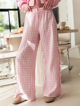Women's Loose Side Lace-up Casual Trousers - Pink Plaid