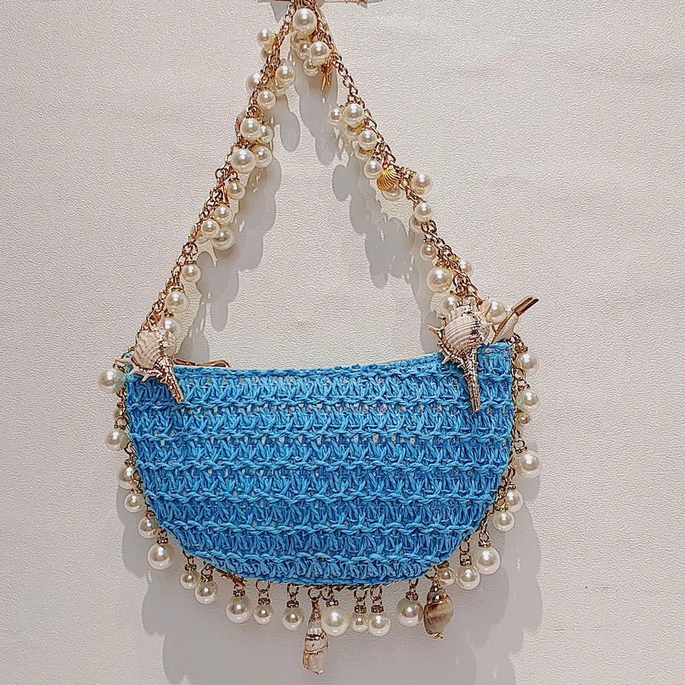 Summer Seaside Holiday Pearl Conch Straw Bag Blue - Shop at LoveMi