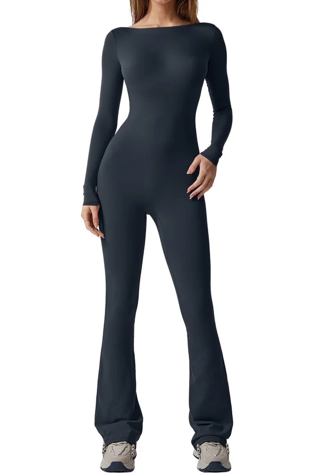 Women's Solid Color Long Sleeve Jumpsuit Dark Blue - Shop at LoveMi