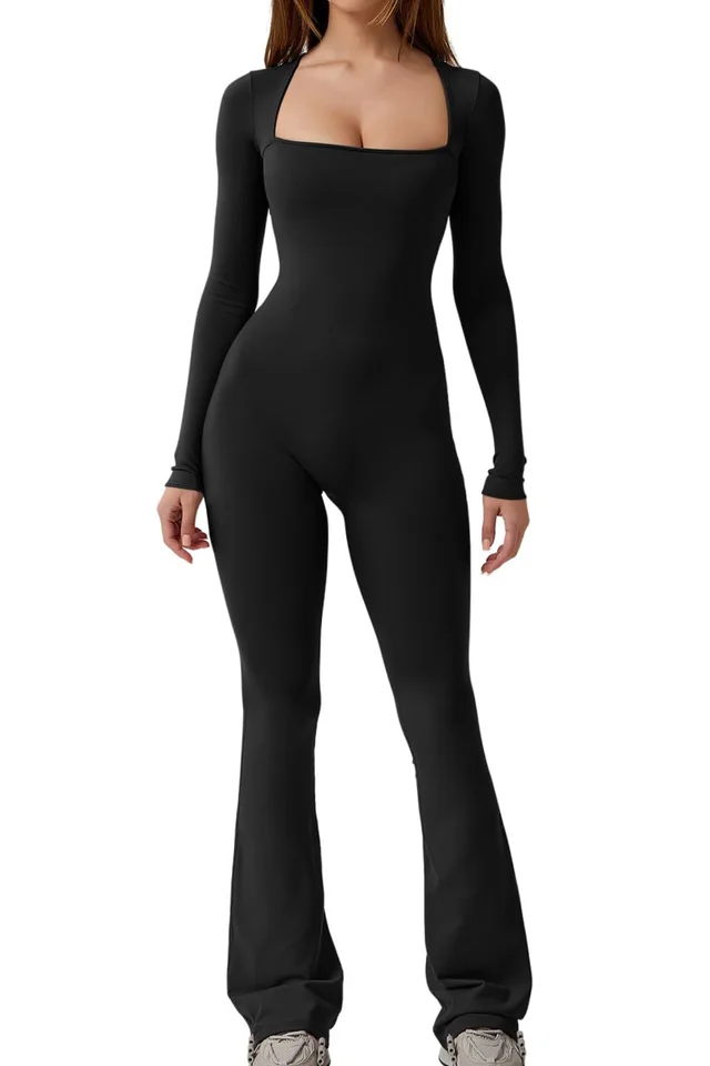 Women's Square Collar Solid Color Long Sleeve Jumpsuit Black - Shop at LoveMi
