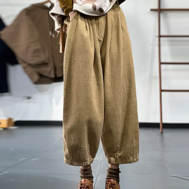Women's Fashion Leisure Corduroy Elastic Waist Wide Leg Daddy Pants Khaki - Shop at LoveMi