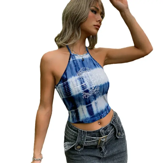 Tie dyed Mushroom Printed Halter Women's Vest Blue - Shop at LoveMi