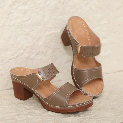 Women's Casual Anti Slip Thick Soled High Heel Sandals Brown - Shop at LoveMi