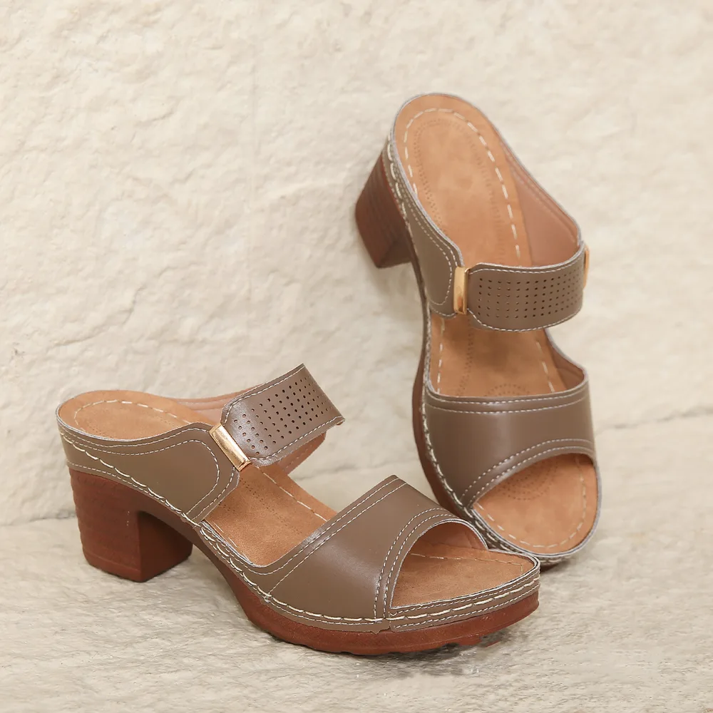 Women's Casual Anti Slip Thick Soled High Heel Sandals - Brown