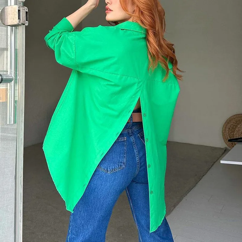 Women's Shirt Solid Colour Personalised Street Spring And Autumn Long Sleeve Back Slit Loose Shirt - Green - View 1