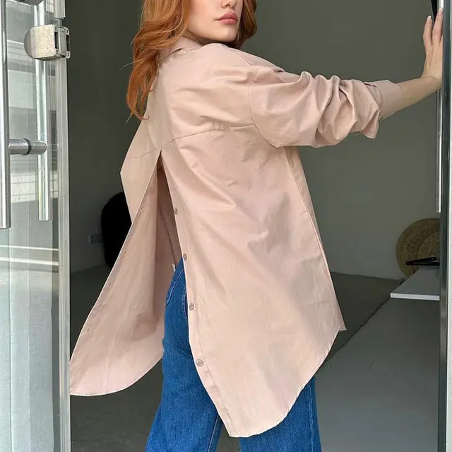 Women's Shirt Solid Color Personalized Street Spring And Autumn Long Sleeve Back Slit Loose Shirt Khaki - Shop at LoveMi