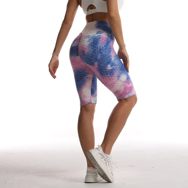 European And American Ink Jacquard Tie dyed Bubble Short Yoga Pants Fitness Exercise Pink - Shop at LoveMi