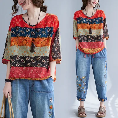 Lady Literature Cotton And Linen Drawstring Slimming Short Sleeve Picture Color - Shop at LoveMi