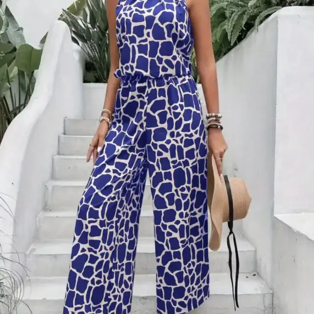 Sleeveless Printed Waist controlled Lace up One piece Trousers Blue - Shop at LoveMi