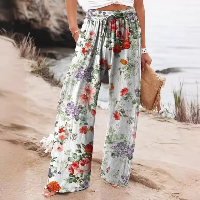 Fashionable Floral Art Printed Elastic Waist Drawstring Pocket Trousers 9 Style - Shop at LoveMi