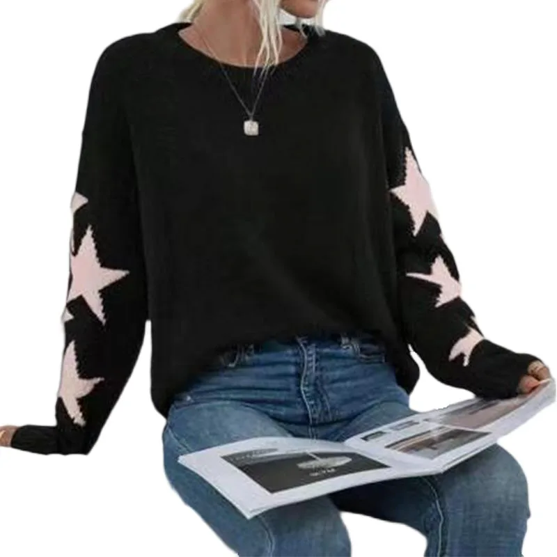 Women's Knitted Sweater Fashion Solid Color Five pointed Star Jacquard Crew Neck Pullover Sweater Black - Shop at LoveMi