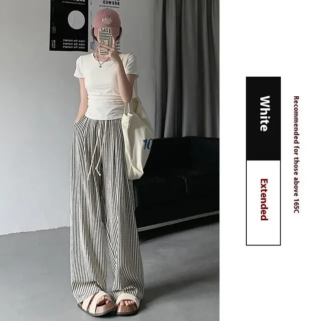 Two tone Vertical Stripes Thin High Waist Casual Loose Wide Leg Pants White H11883 - Shop at LoveMi
